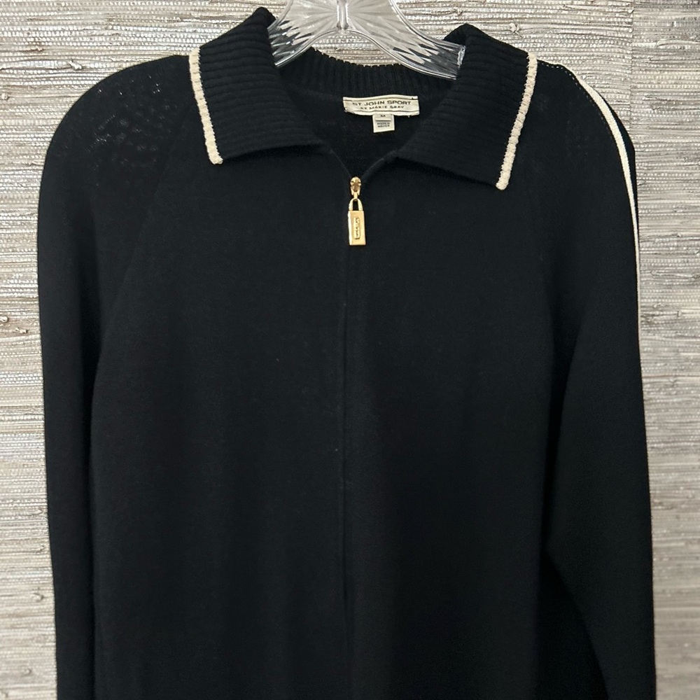 St. John Sport Navy KnitJacket with Gold Zipper and stripped tank underpinning.